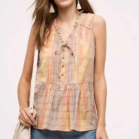 Holding Horses Anthropologie Faye Burnout Plaid Printed Pleat Tank Top Blouse - Picture 1 of 6